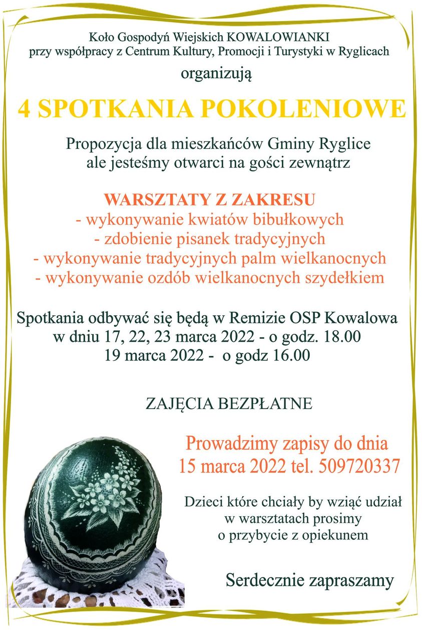 Plakat dotyczący warsztatów w Kowalowej