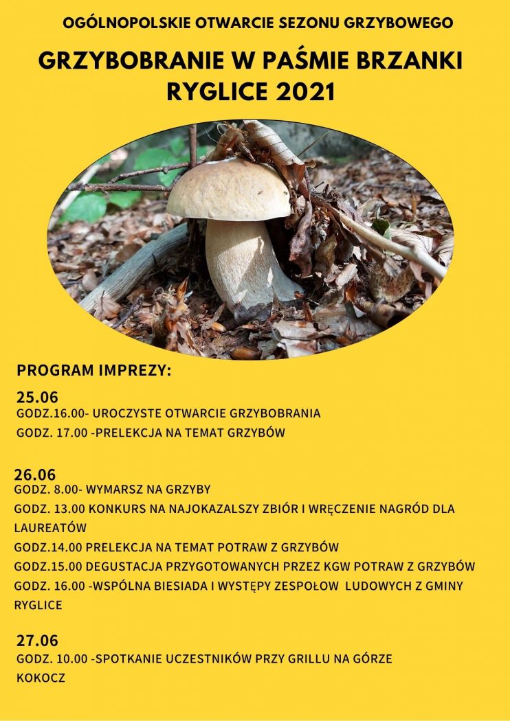Plakat informujący Grzybobraniu w Paśmie Brzanki