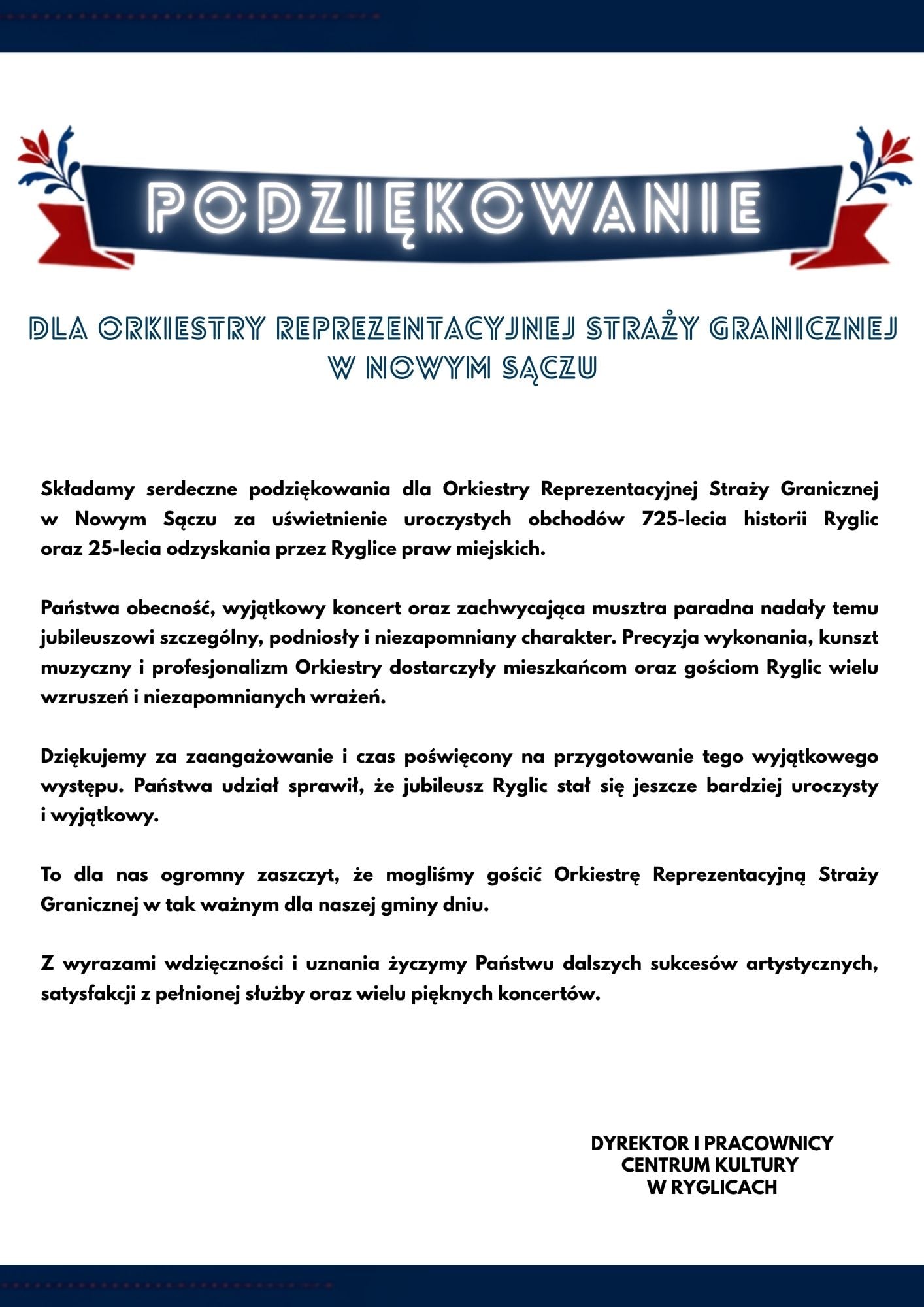 Podziękowanie Orkiestrze Reprezentacyjnej Straży Granicznej z Nowego Sącza