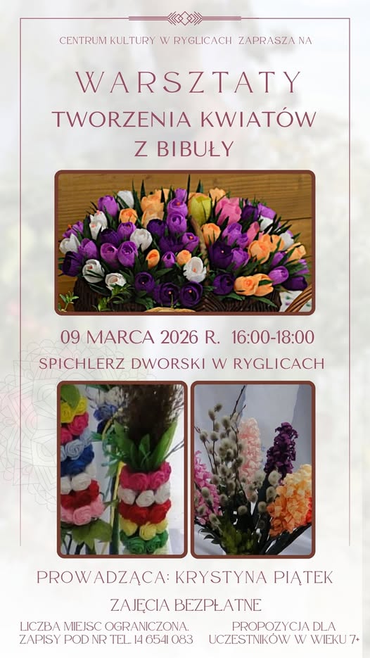 Informacja o warsztatach tworzenia kwiatów z bibuły